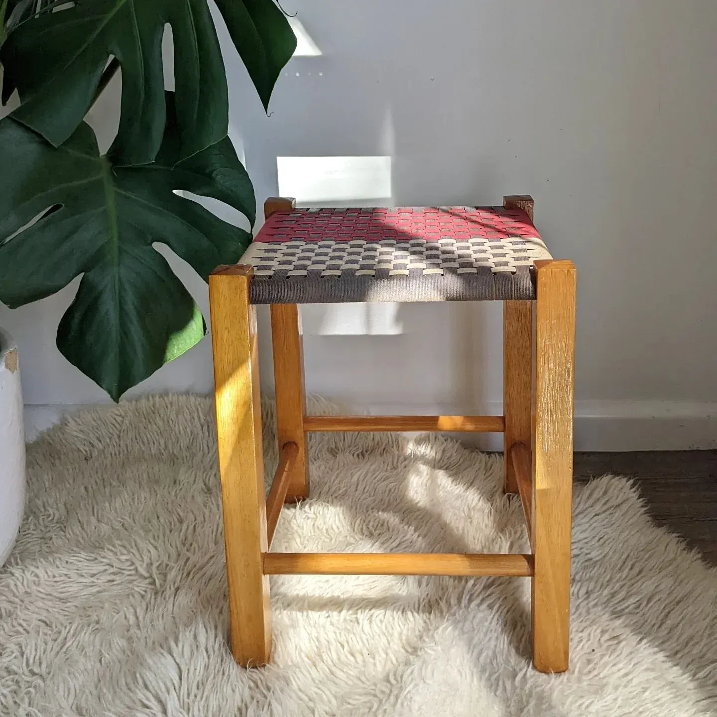 [SOLD] Roped into it. Vintage stool with a chequered pattern, rope woven seat