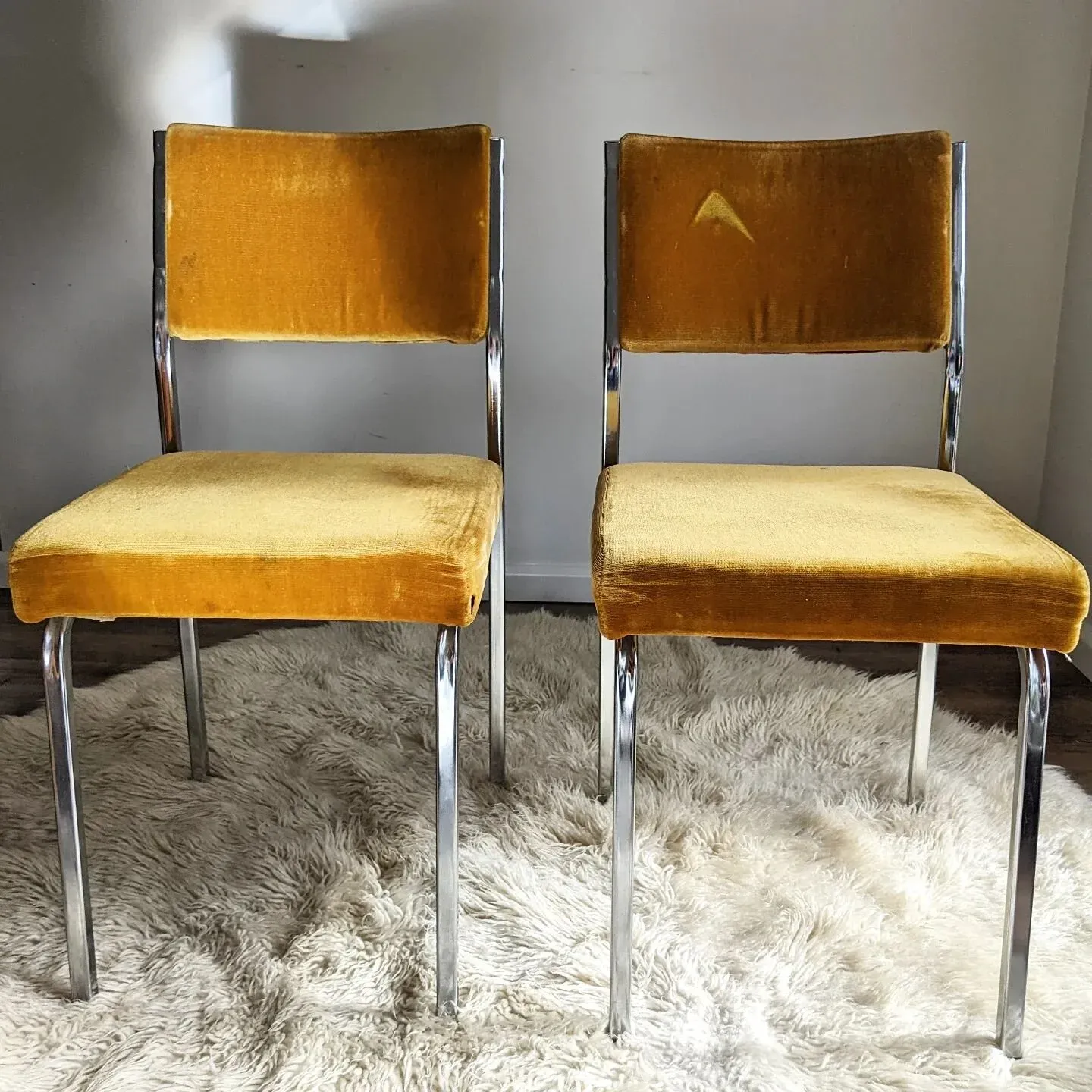 [SOLD] A must-ard have. Pair of vintage namco chrome and mustard yellow velvet chairs